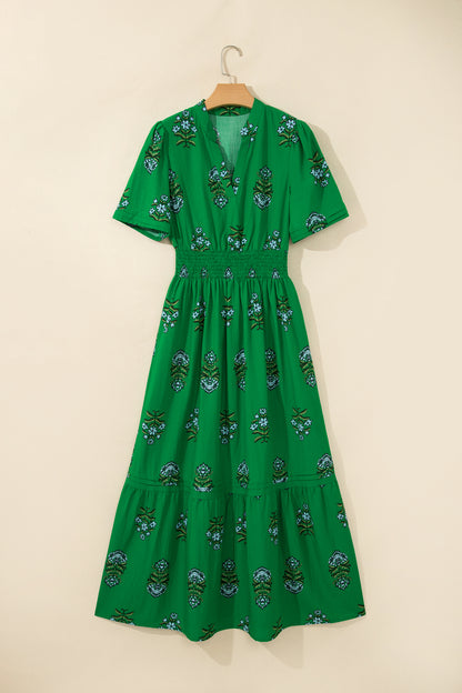 Floral Smocked Waist Maxi Dress Split Neck Boho