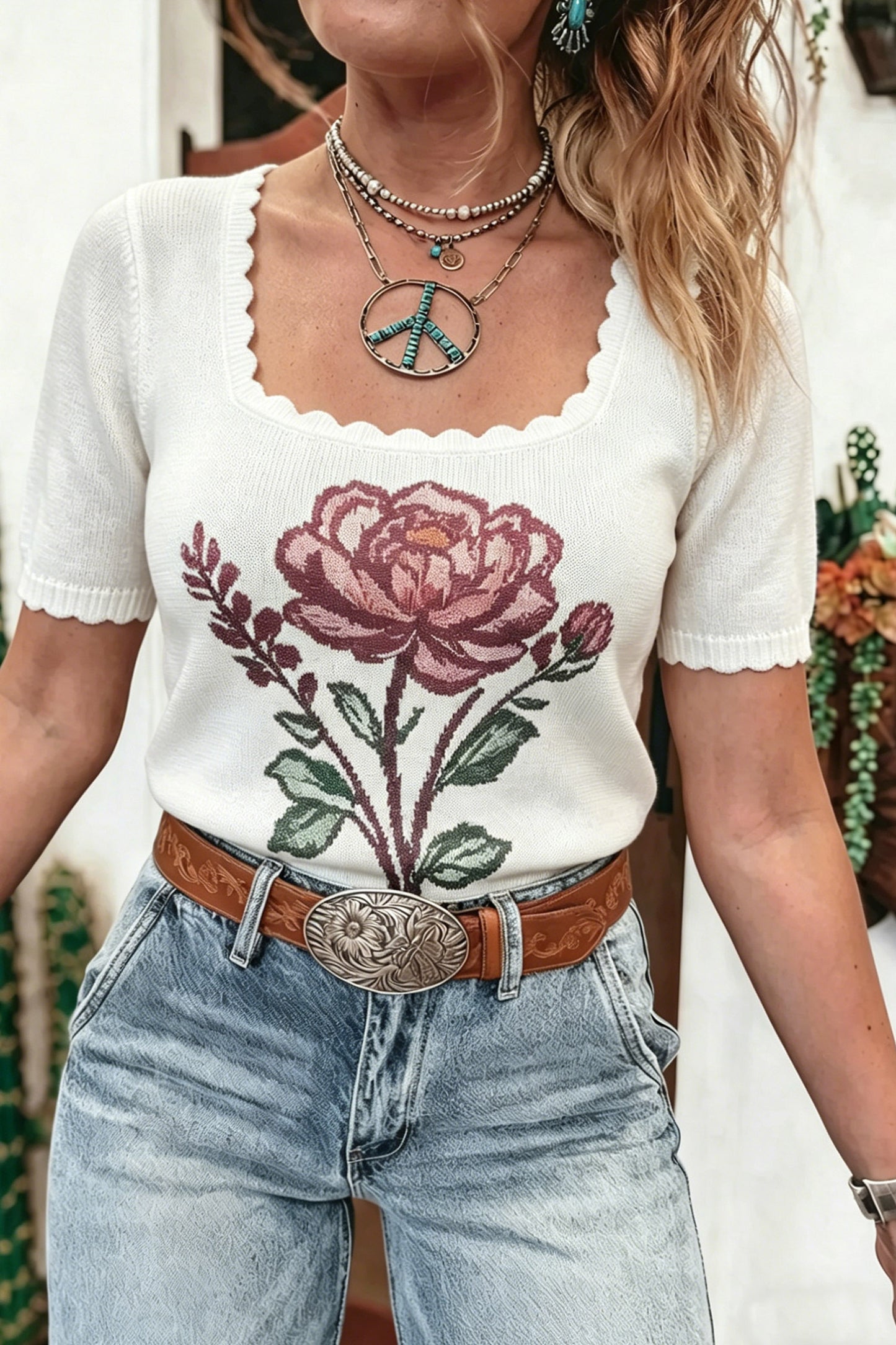 Western Floral Knit Top Square Neck Short Sleeve Sweater