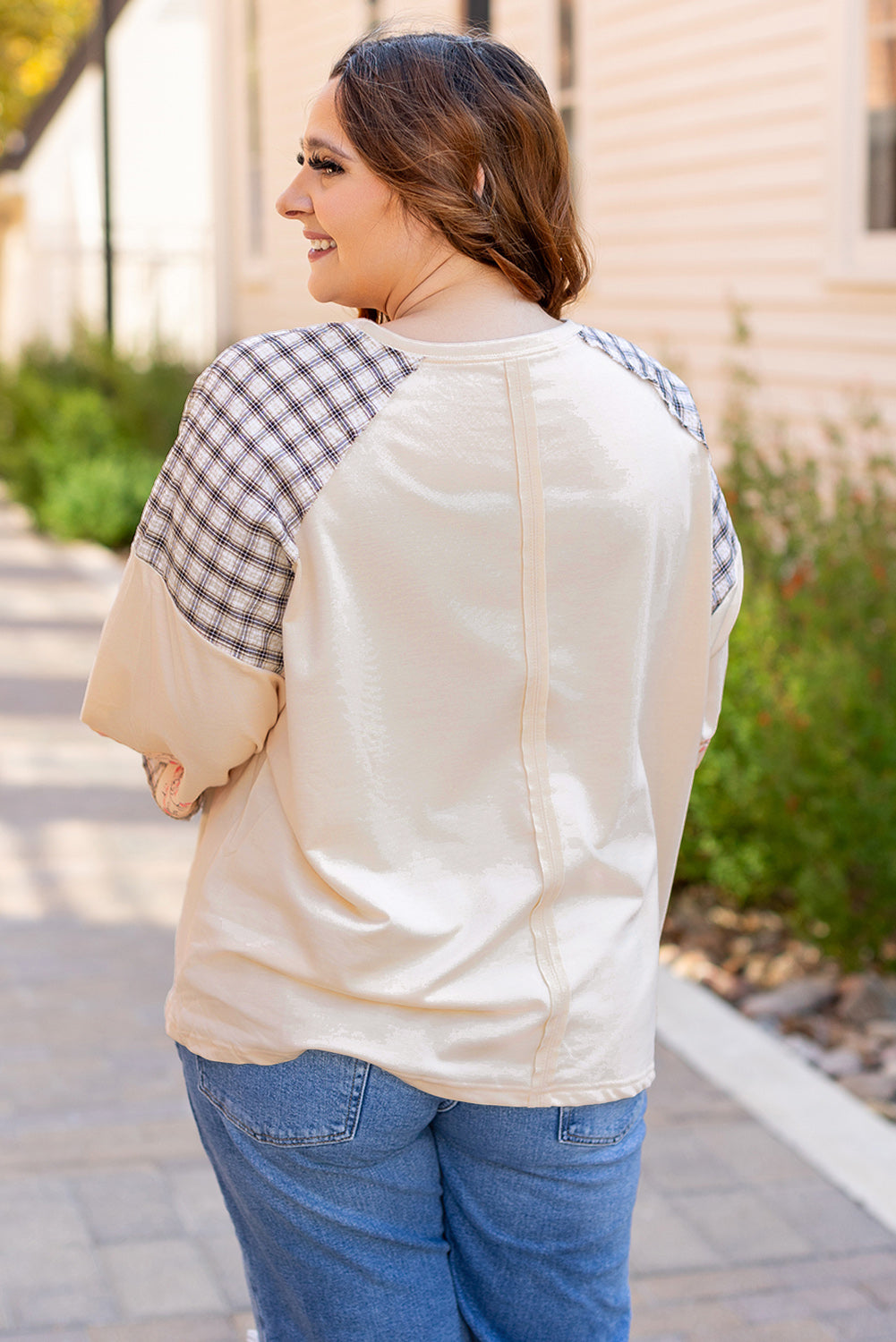 Plaid Floral Peace Heart Graphic Wide Long Sleeve Top