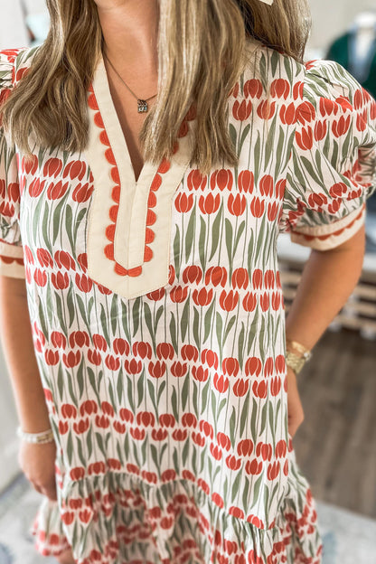Tulip Floral Print Puff Sleeve V Neck Mini Dress