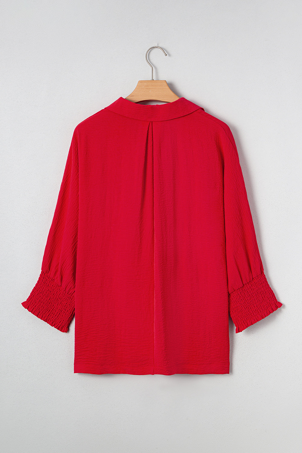 Red V Neck Collared Blouse Loose Fit Smocked Sleeve