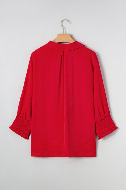 Red V Neck Collared Blouse Loose Fit Smocked Sleeve