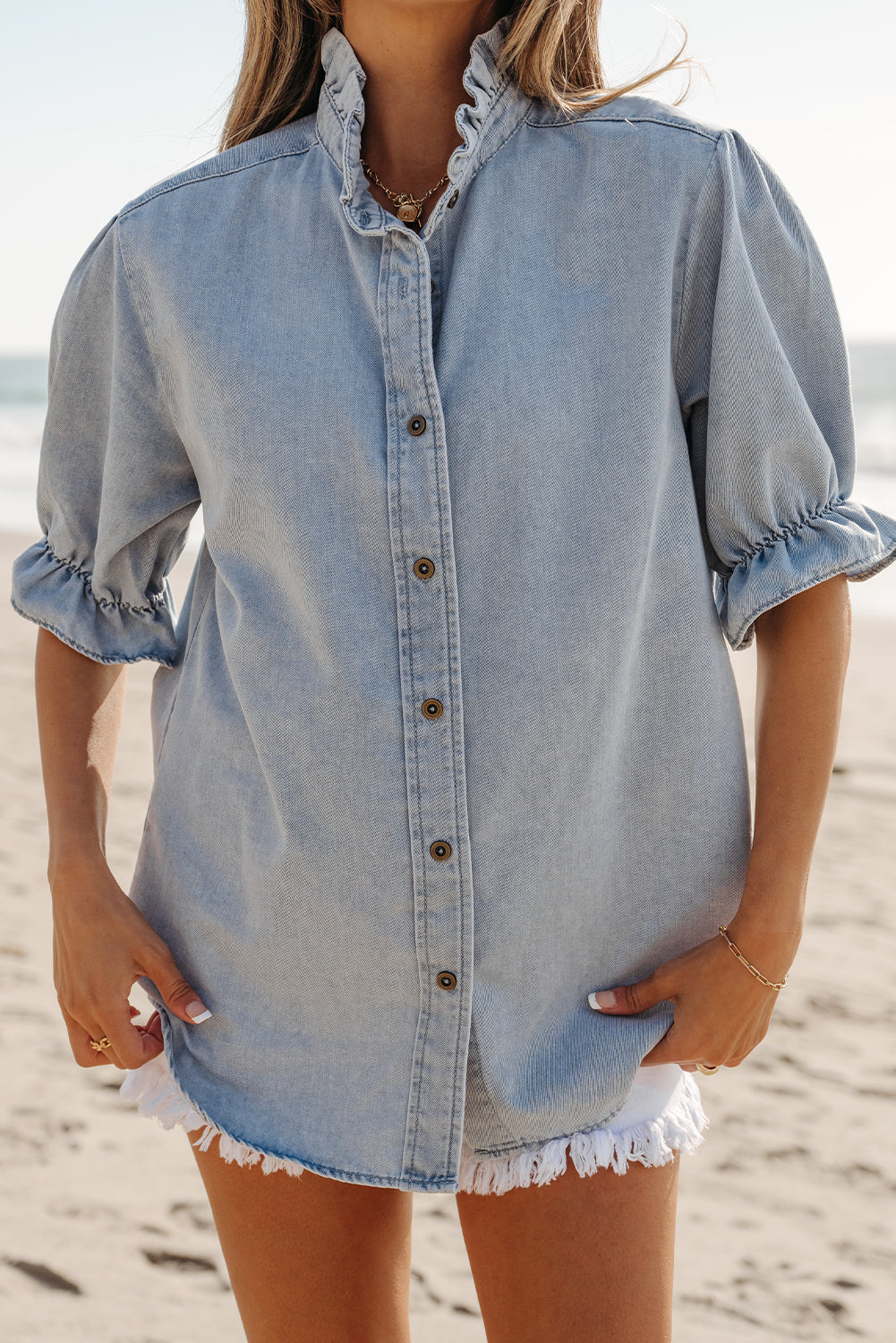 Light Wash Chambray Puff Sleeve Button Up Shirt