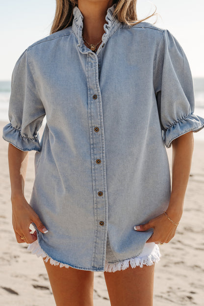 Light Wash Chambray Puff Sleeve Button Up Shirt