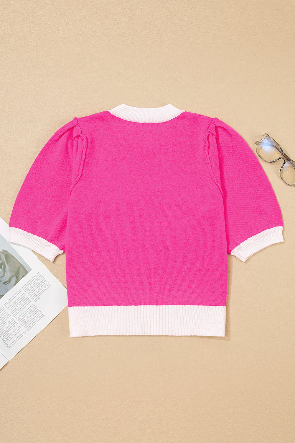 Bright Pink XOXO Puff Sleeve Contrast Knit Valentine Sweater Top