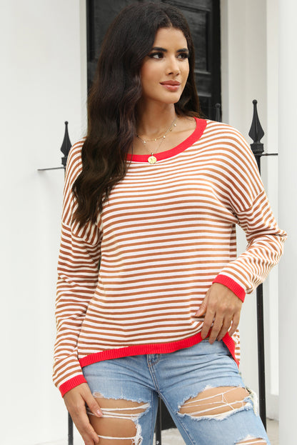 Contrast Trimmed Striped Drop Shoulder Sweater