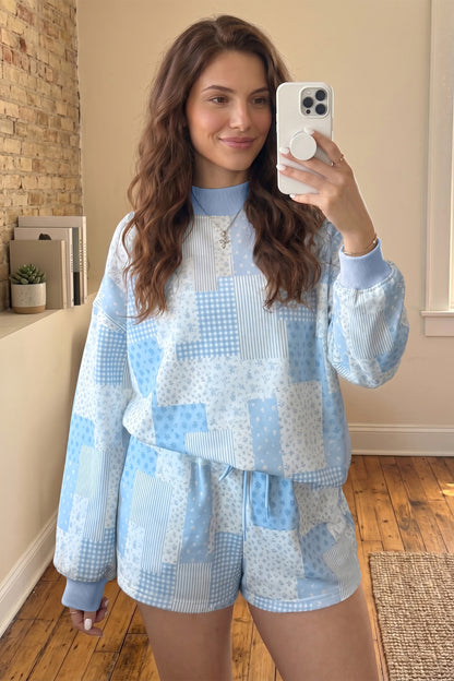 Sky Blue Floral Patchwork Pullover Shorts Set
