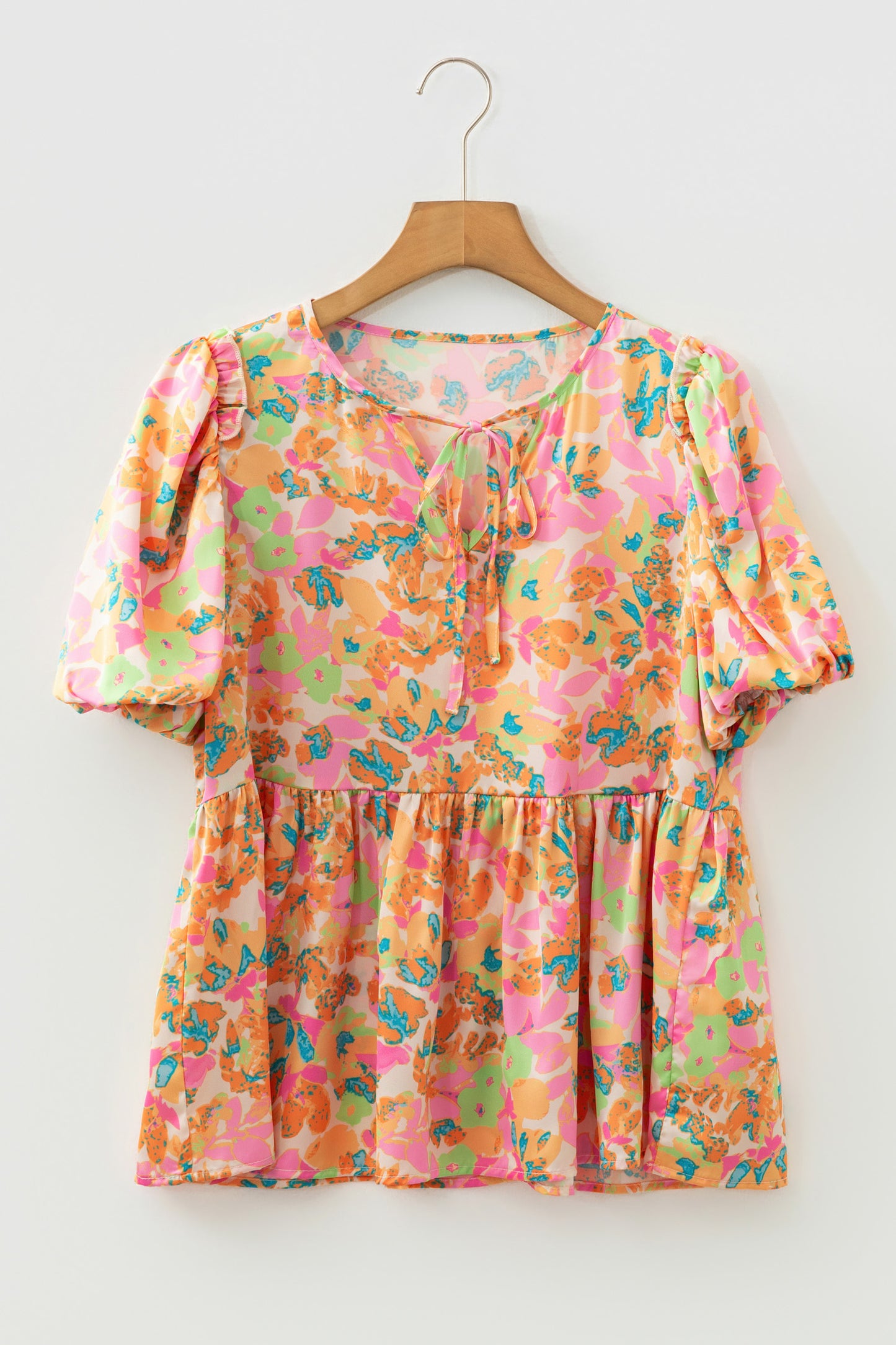 Orange Floral Split V Neck Short Sleeve Peplum Blouse