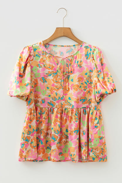Orange Floral Split V Neck Short Sleeve Peplum Blouse