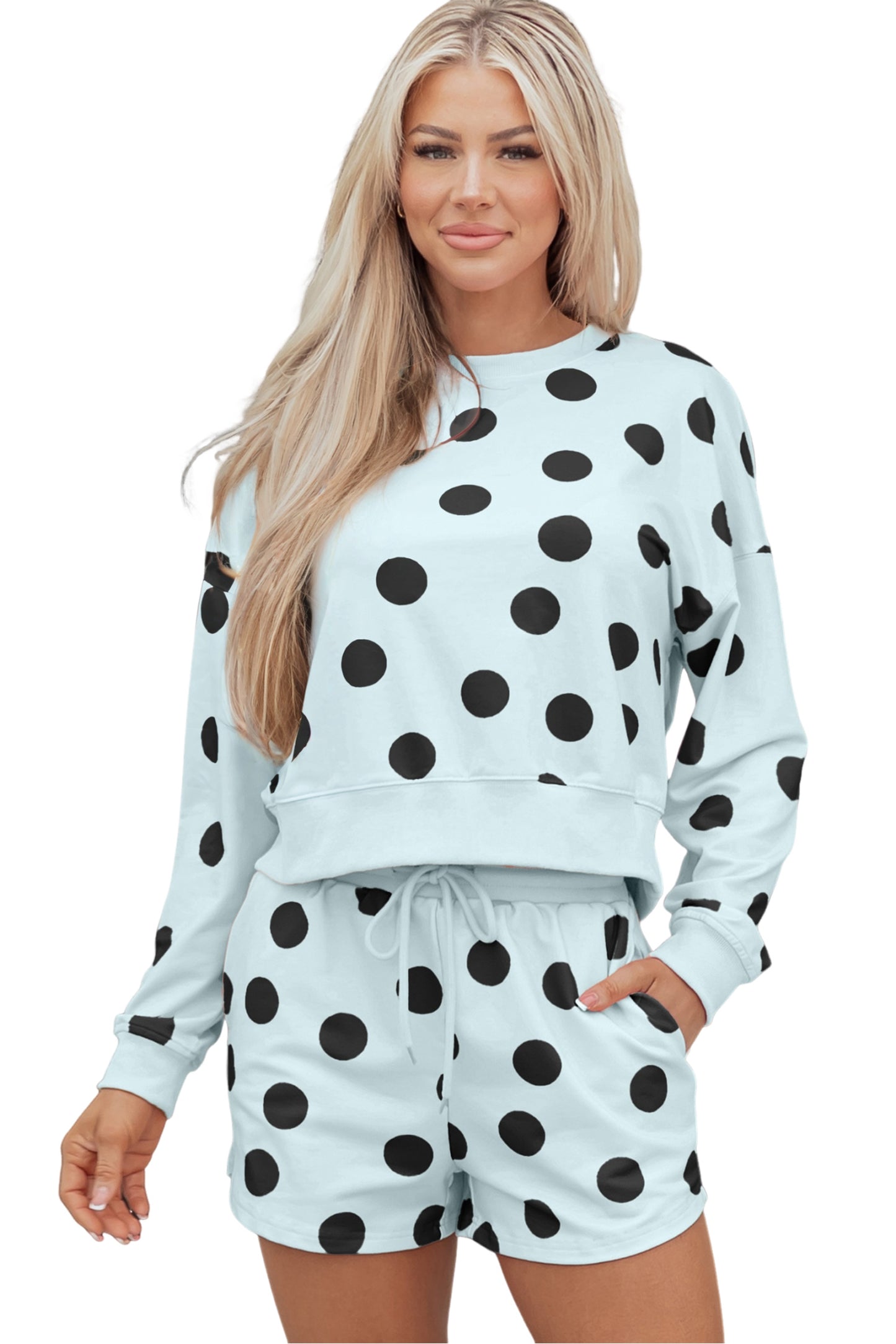 Pink Polka Dot Drop Shoulder Pullover Shorts Set