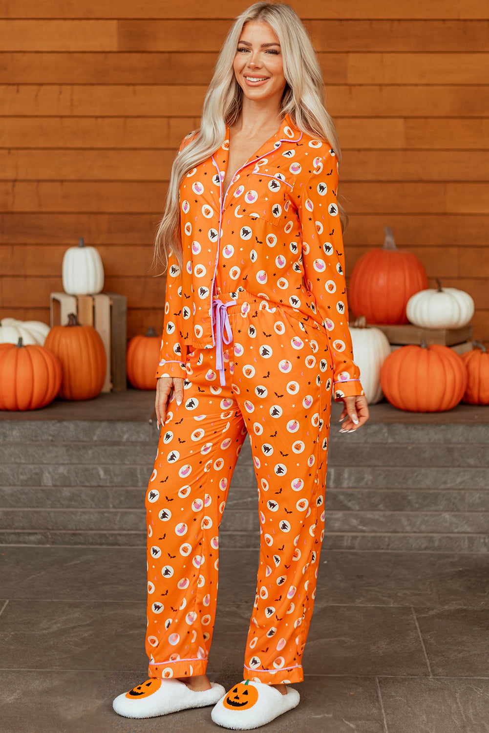 Women's Halloween Pumpkin Print Long Sleeve Pajama Set