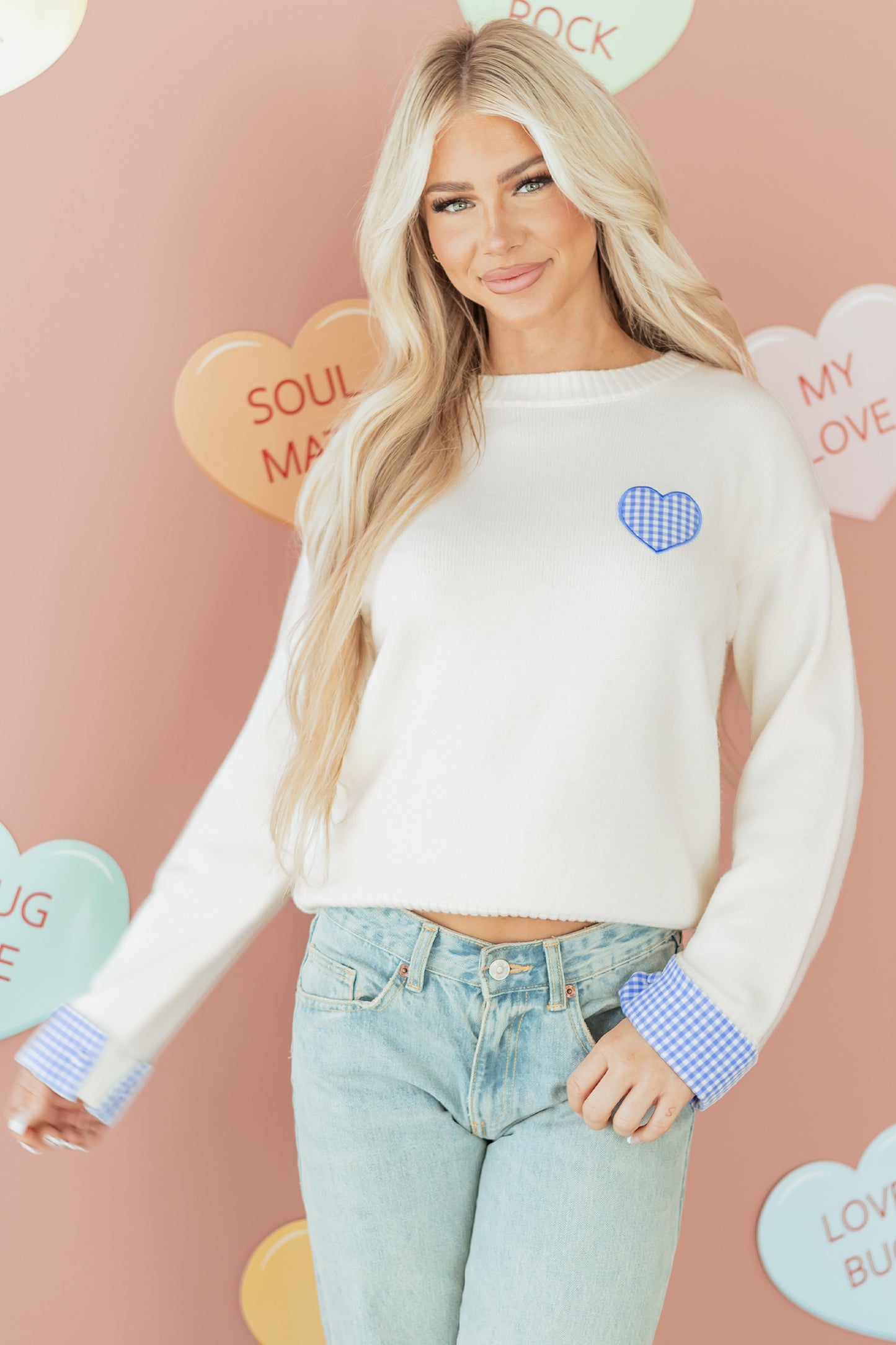 Valentine’s Day Light Pink Plaid Heart Crewneck Sweater