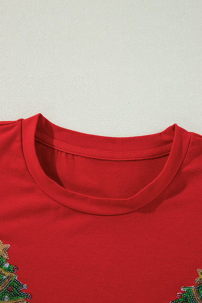 Sequin Christmas Tree Holiday Graphic Red Crewneck Tee