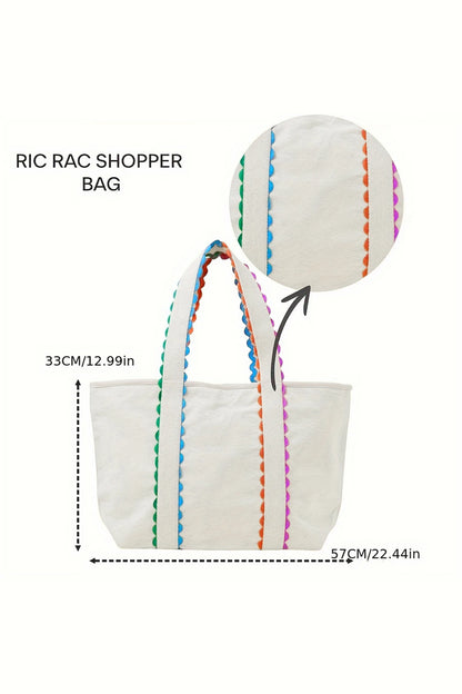 Ricrac Trim Canvas Tote Bag Colorful Large Capacity