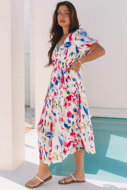 Abstract Print Puff Sleeve V Neck Tiered Maxi Dress