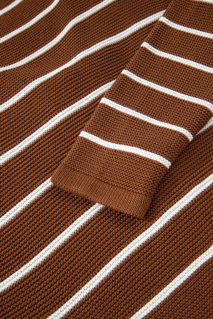 Chestnut Striped Knit Tie Front V Neck Cardigan Sweater