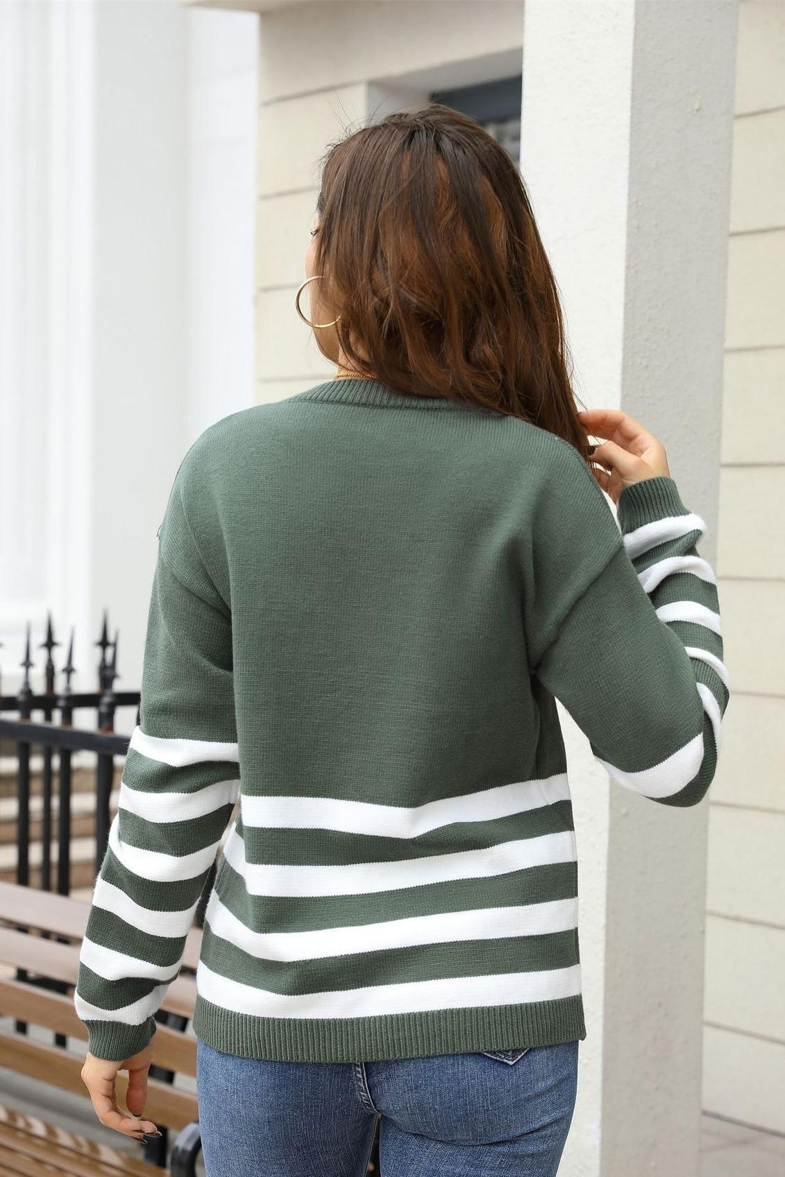 Colorblock Striped Knit Sweater – Loose Fit Pullover Top