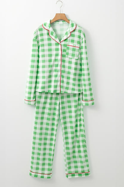 Light Green Christmas Plaid Print Shirt and Pants Pajama Set