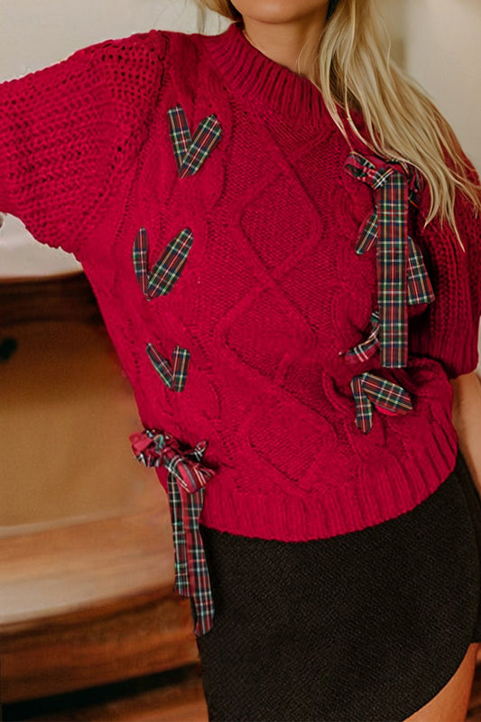 Red Plaid Bow Lace Up Cable Knit Short Sleeve Holiday Sweater