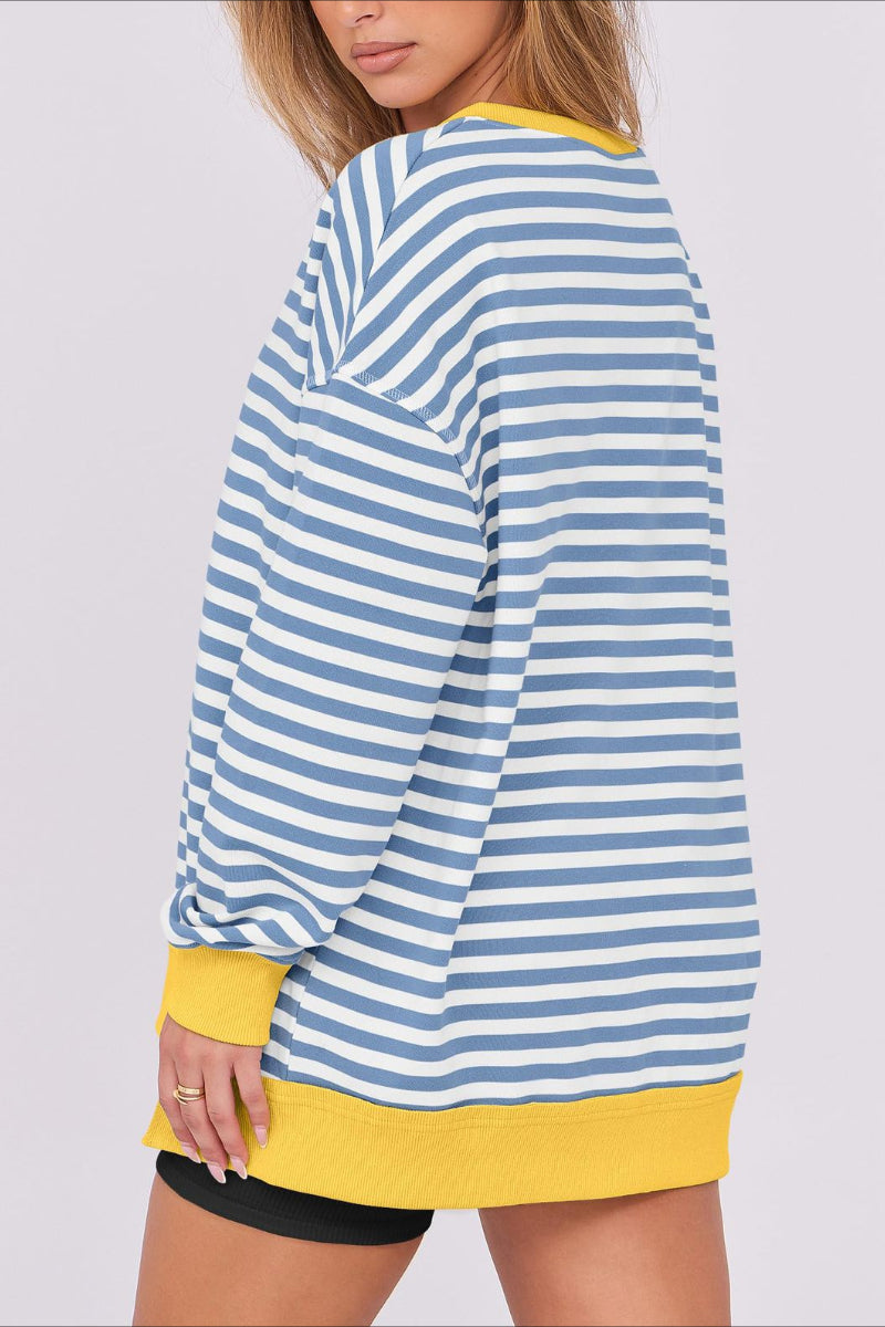 Bold Striped V-Neck Sweatshirt with Neon Contrast Trim