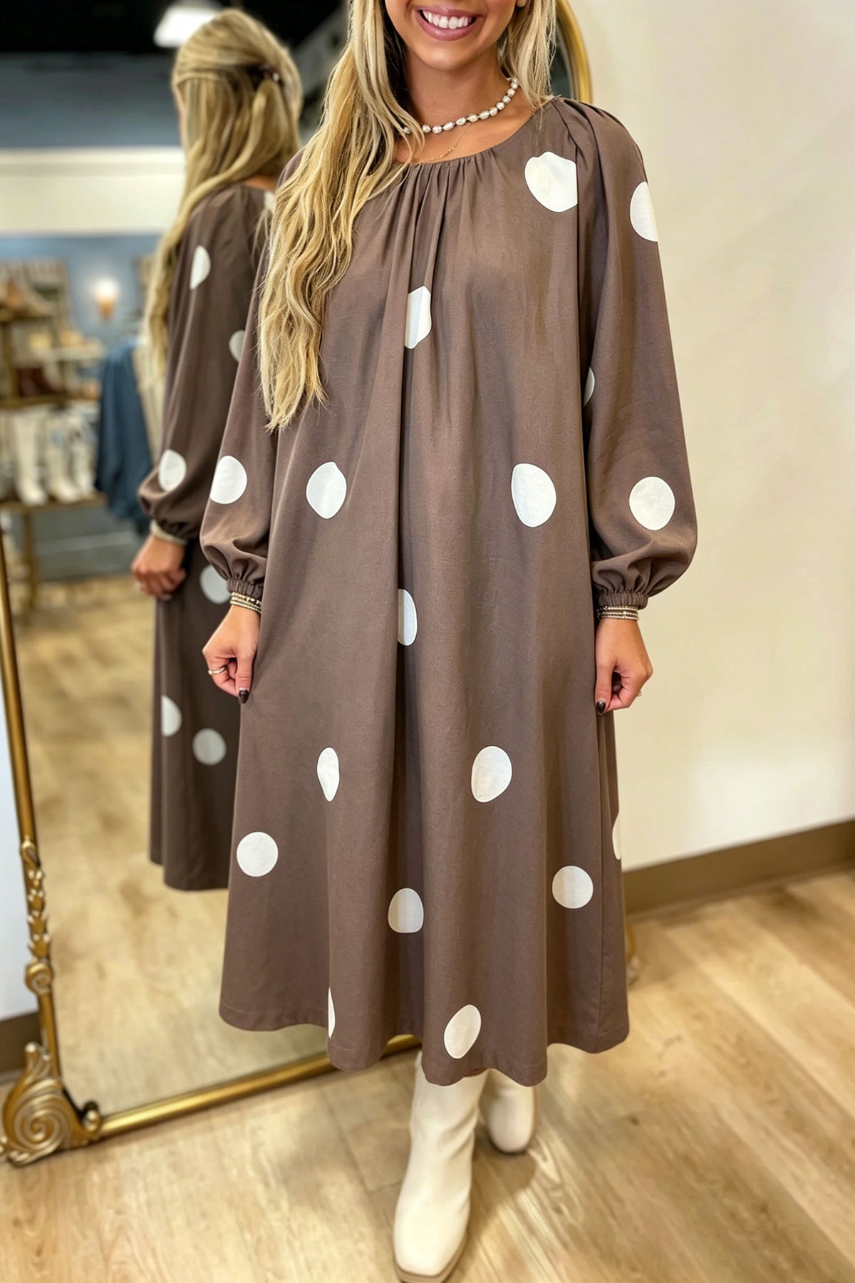Polka Dot Bow Back Long Sleeve Midi Dress