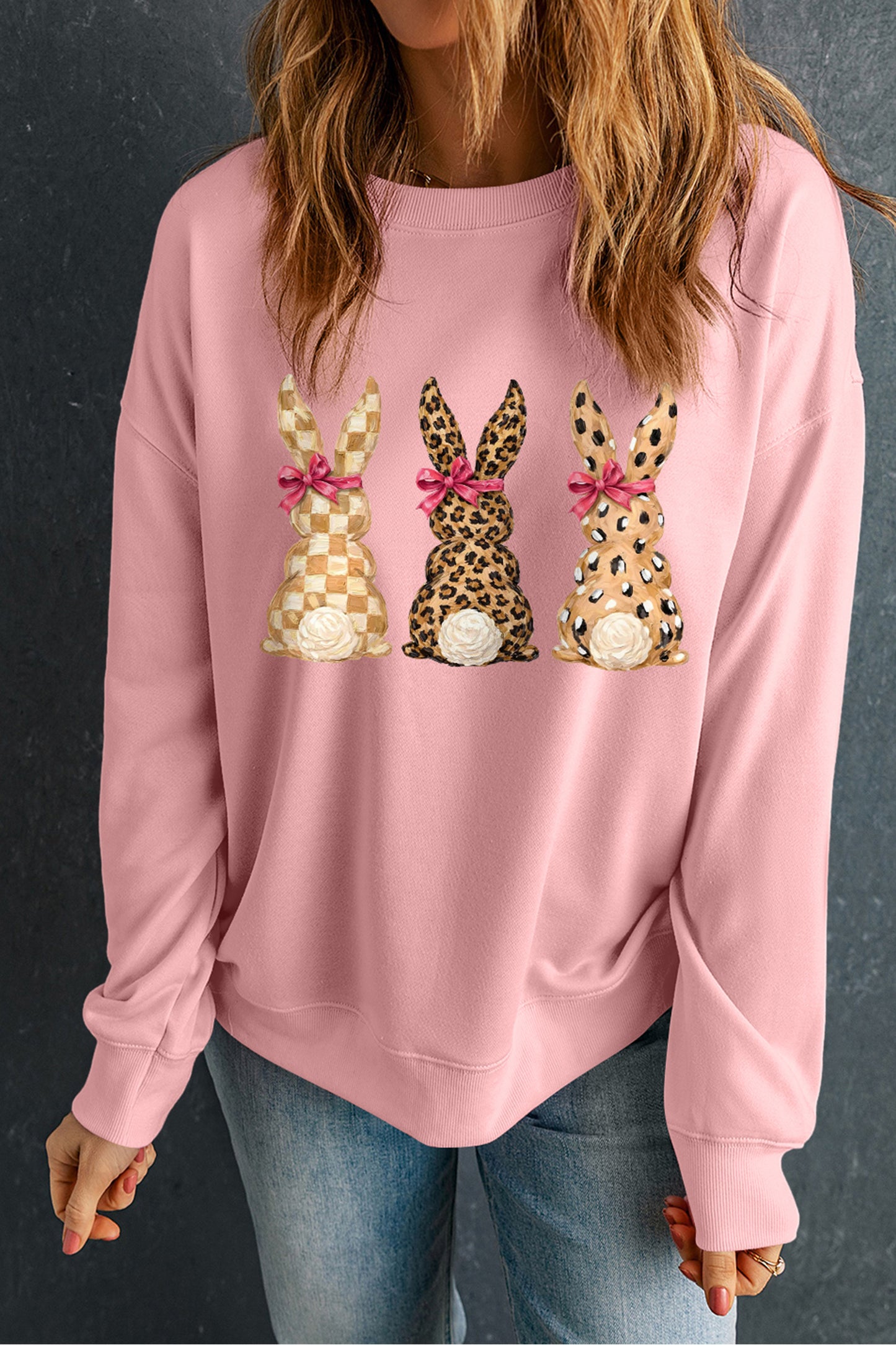 Easter Leopard Checkered Bunny Graphic Pink Sweatshirt