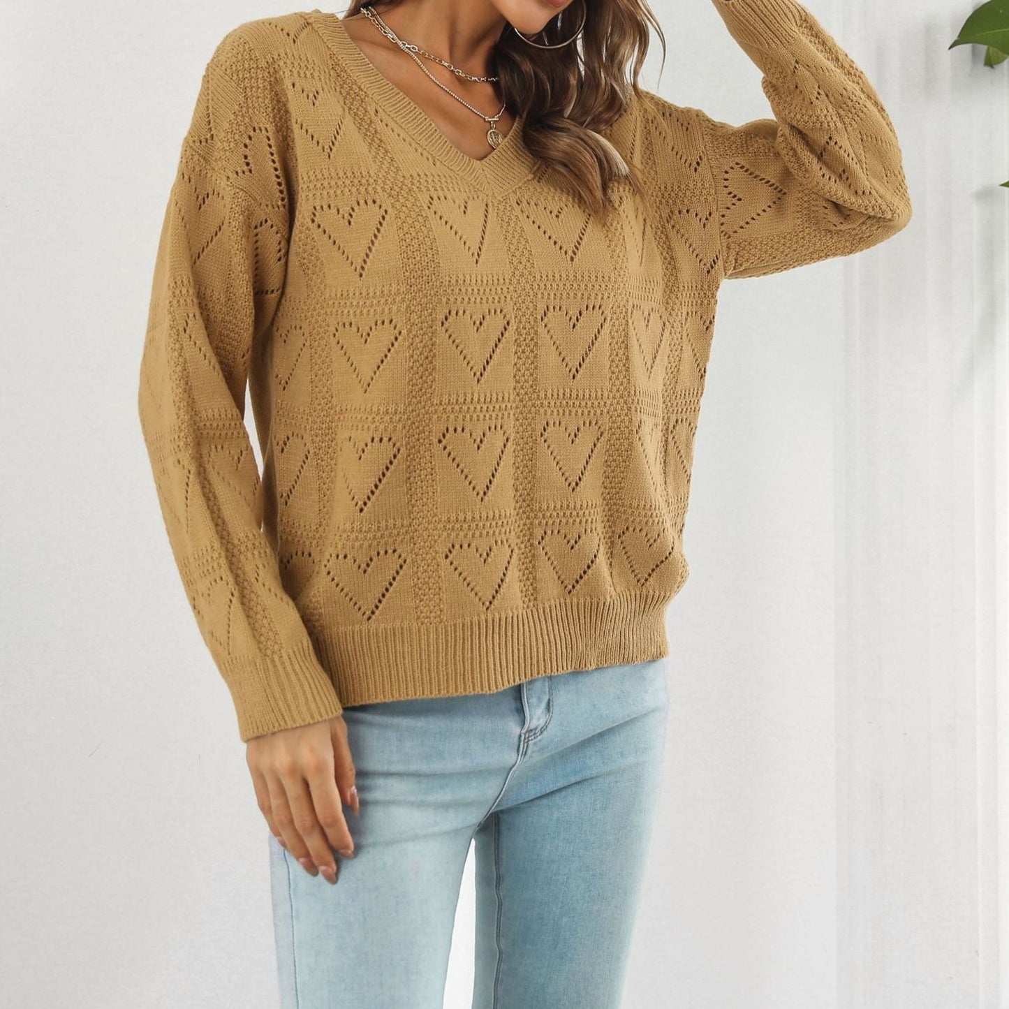 Women's Oversized V-Neck Heart Cutout Knit Sweater