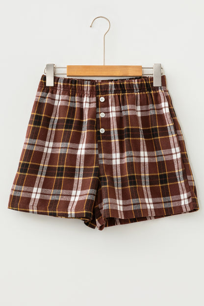 Brown Plaid High Waist Pull On Shorts