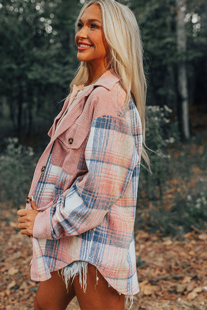 Light Pink Plaid Corduroy Patchwork Pocket Shacket