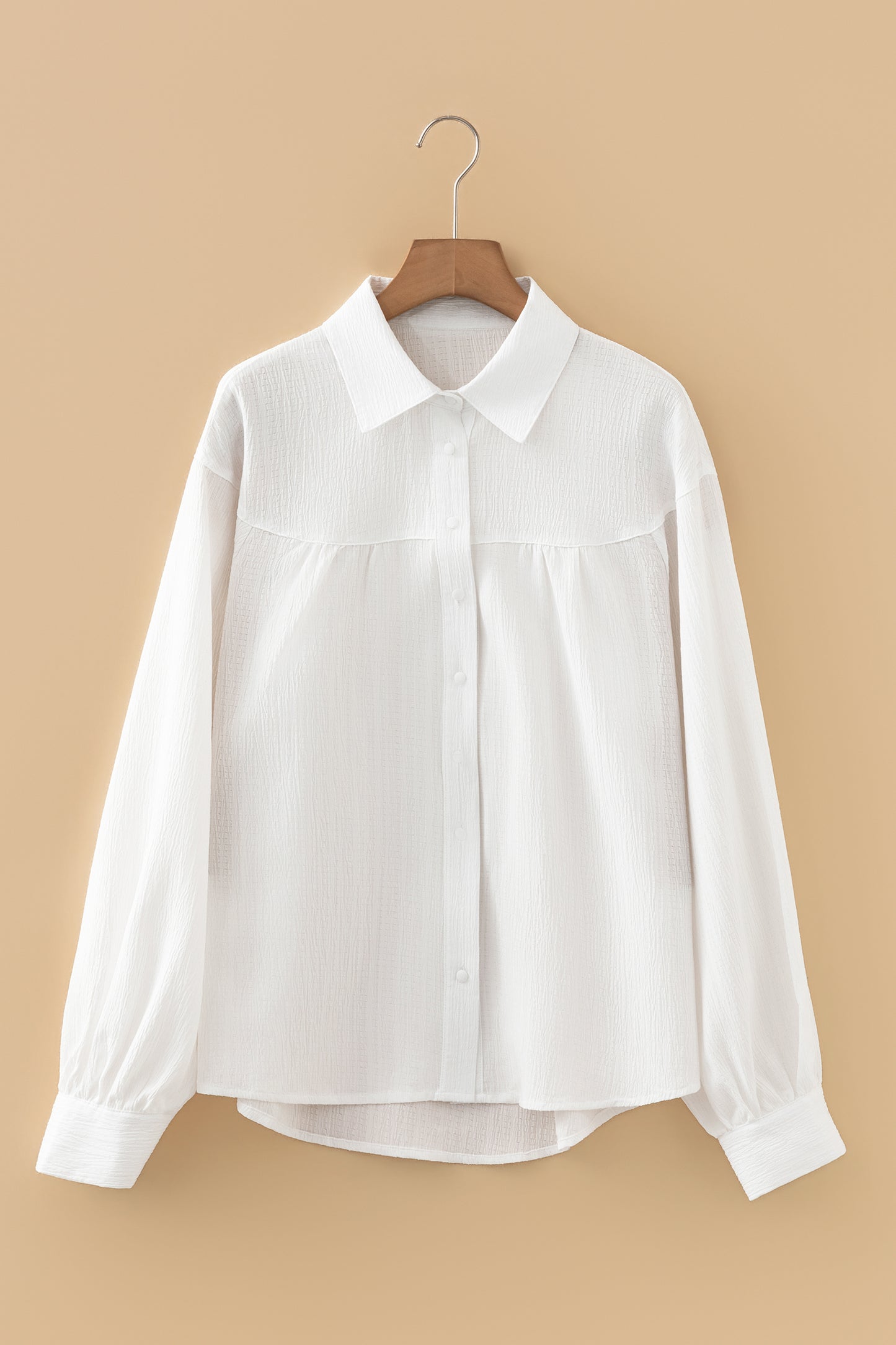 White Crinkle Button Down Top with Lantern Sleeves Loose Fit
