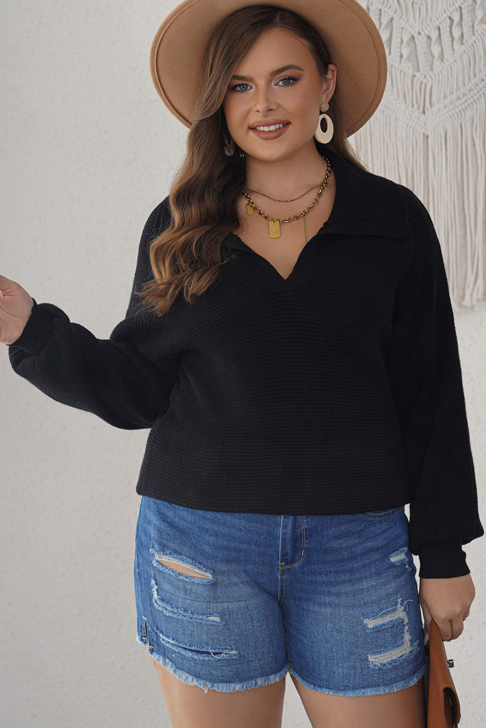 Black Ribbed Knit Lapel Neck Curvy Sweater