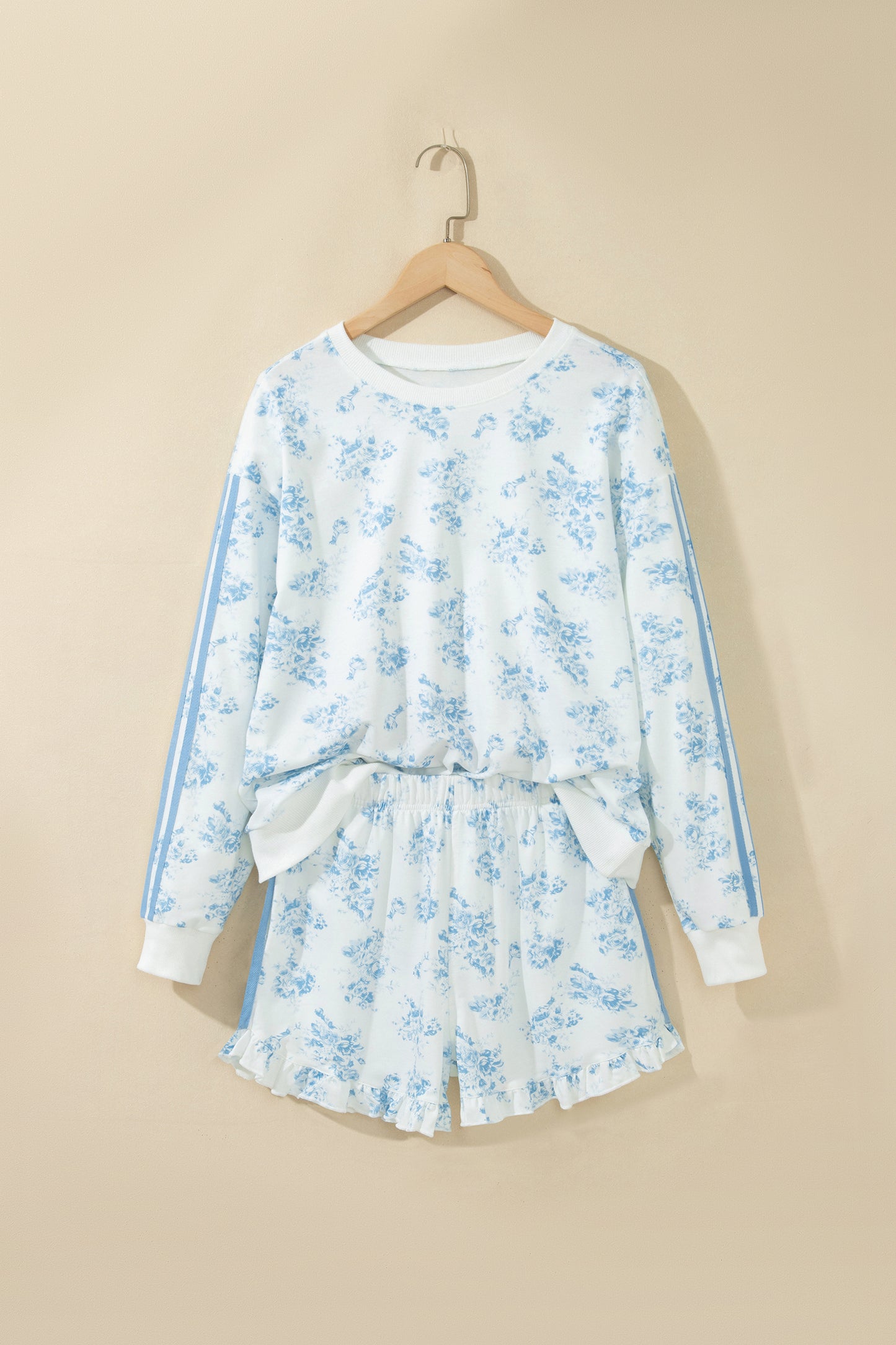Blue Floral Lounge Set Long Sleeve Top Ruffle Shorts