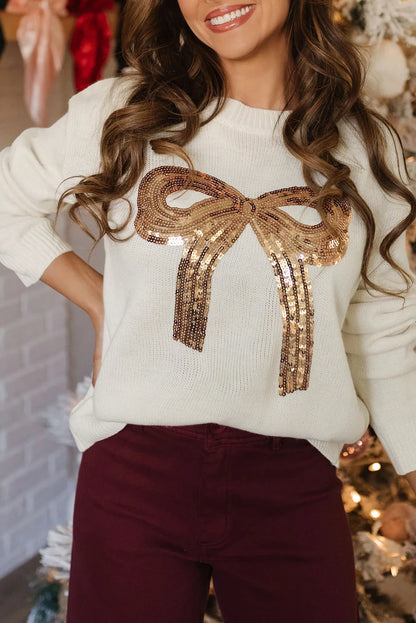 Rose Red Sequined Bow Graphic Christmas Holiday Sweater