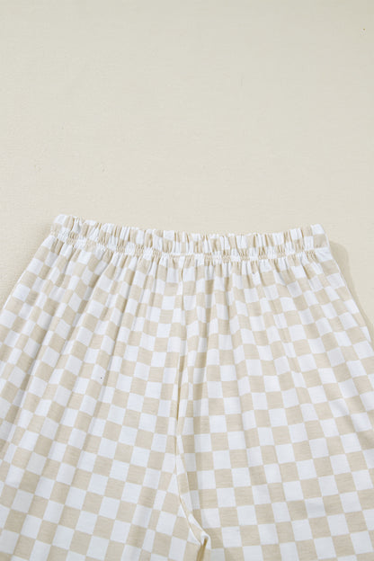 Khaki Checkered Short Sleeve Tee and Wide Leg Pant Set