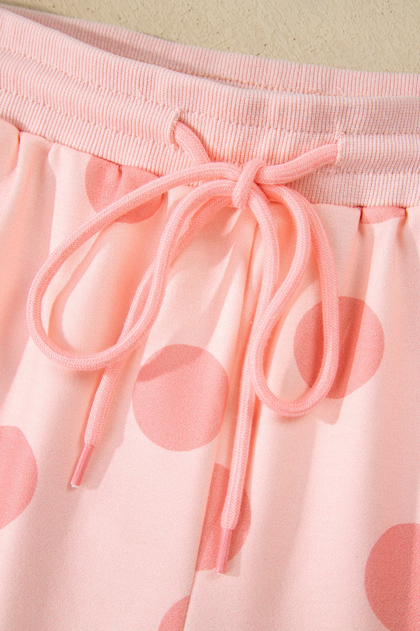 Pink Polka Dot Drop Shoulder Pullover Shorts Set