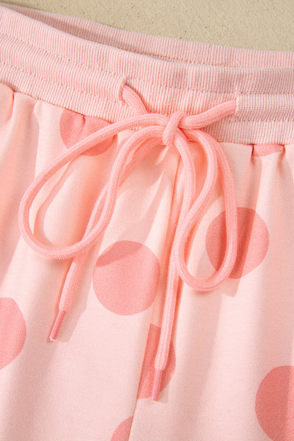 Pink Polka Dot Drop Shoulder Pullover Shorts Set