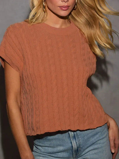 Short Sleeve Cable Knit Sweater Top – Lightweight & Casual