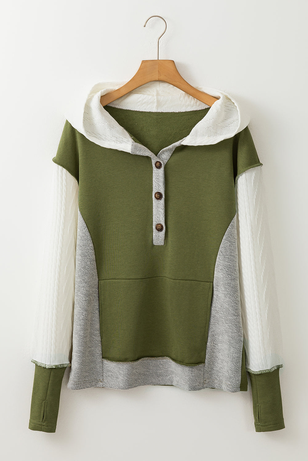 Jungle Green Color Block Textured Buttoned Kangaroo Pocket Hoodie