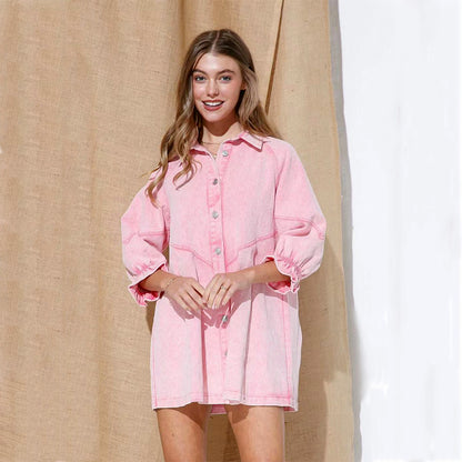 Denim Puff Sleeve Button Shirt Dress Casual Mini Dress
