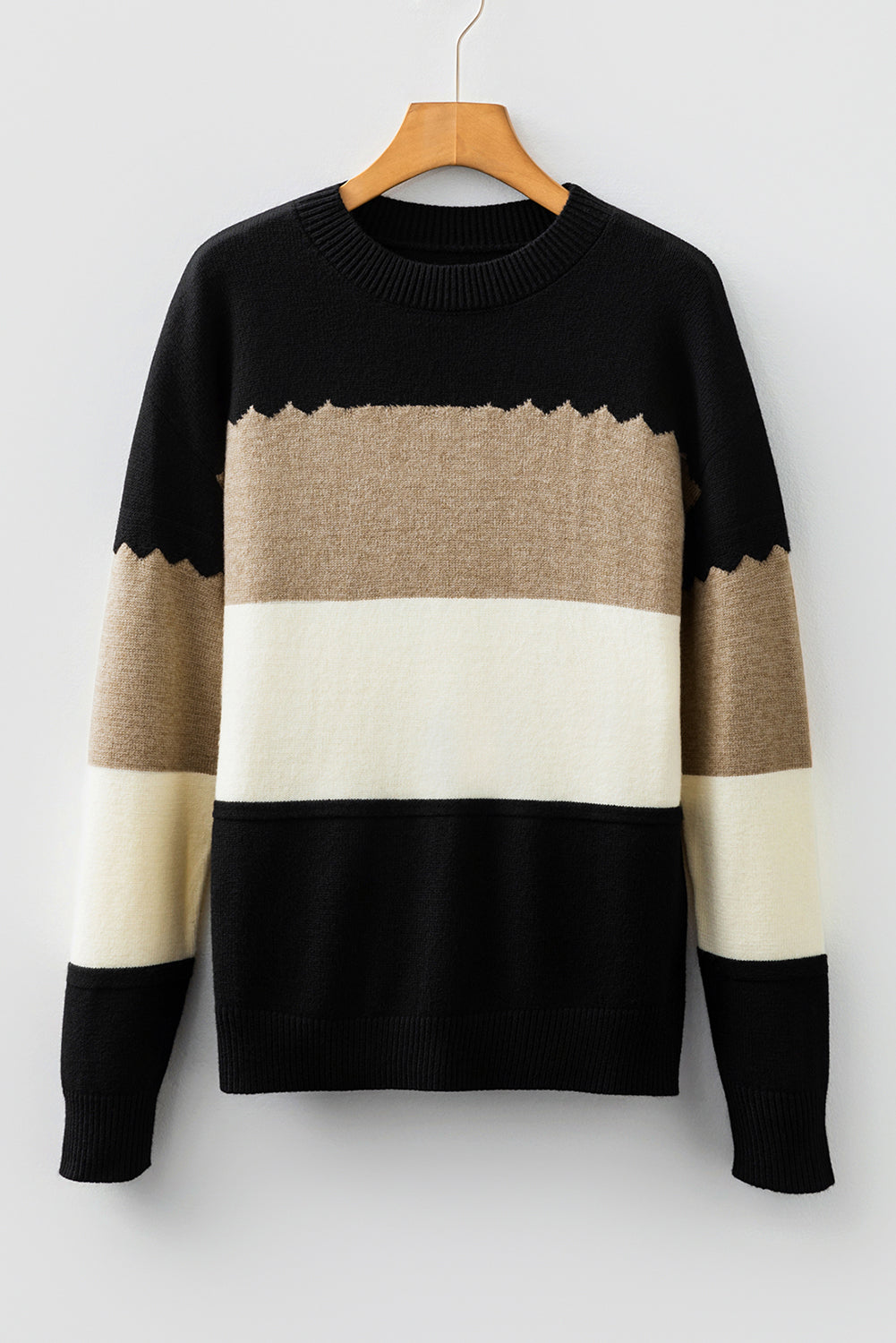 Black Beige Brown Colorblock Drop Shoulder Knit Sweater