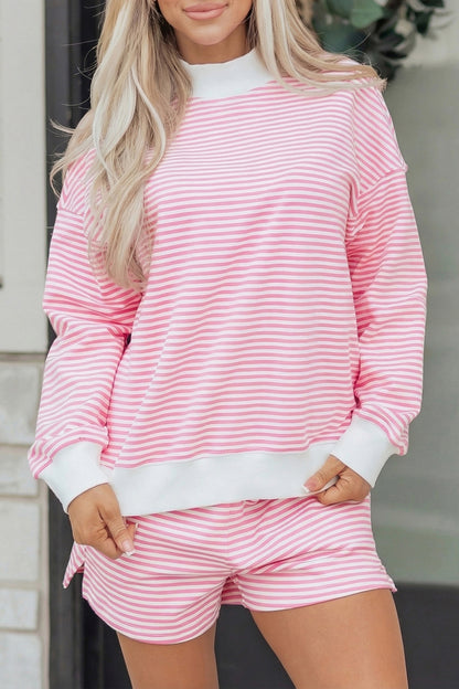 Pink Stripe Oversized Mock Neck Sweatshirt Shorts Set