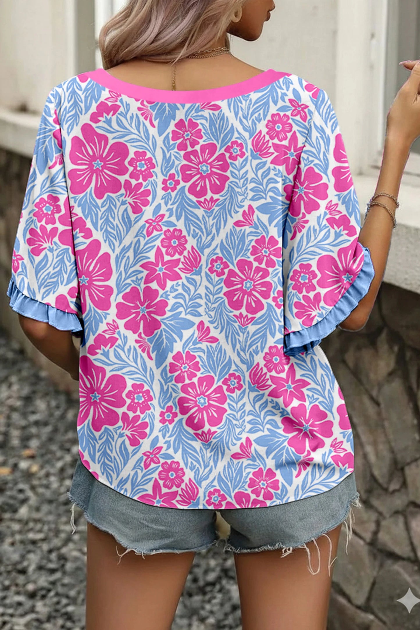 Sky Blue Floral Ruffle Sleeve Boho Blouse