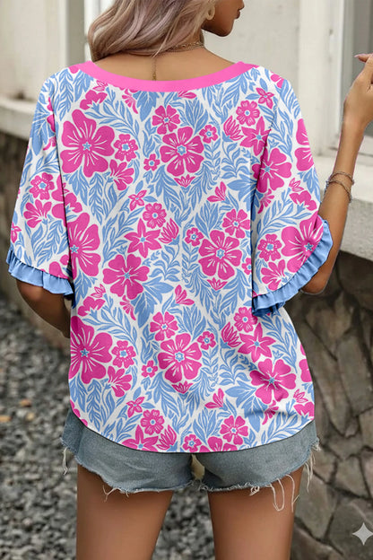 Sky Blue Floral Ruffle Sleeve Boho Blouse