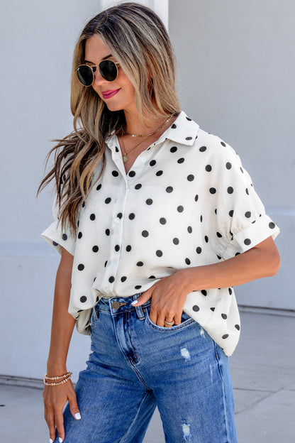 Beige Polka Dot Button Up Dolman Sleeve Loose Blouse