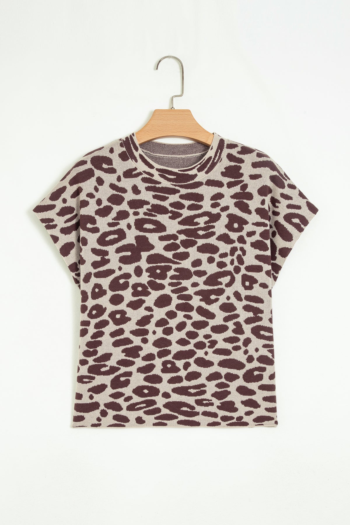 Khaki Leopard Knit Short Sleeve Pullover Sweater