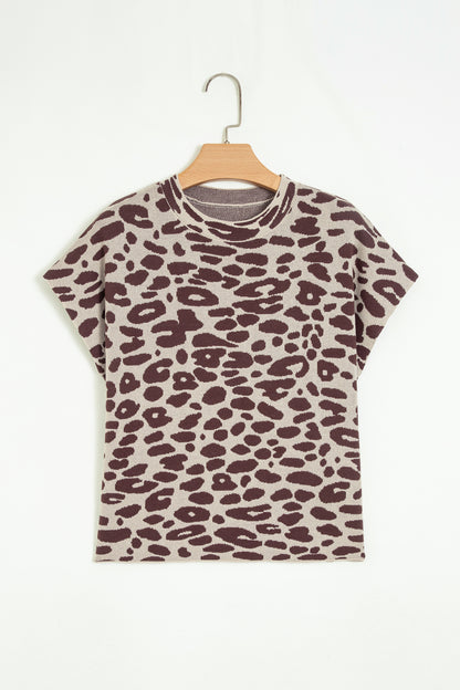 Khaki Leopard Knit Short Sleeve Pullover Sweater