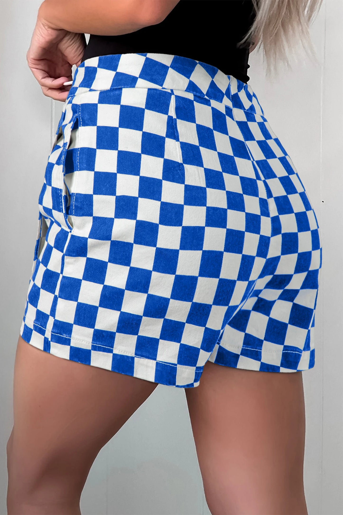Checkered Print Overlap Denim Skort Mini Shorts