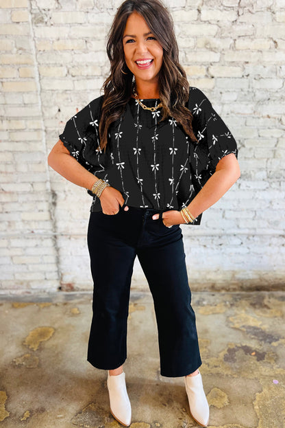 Beige Bow Print Puff Sleeve Blouse Casual Top