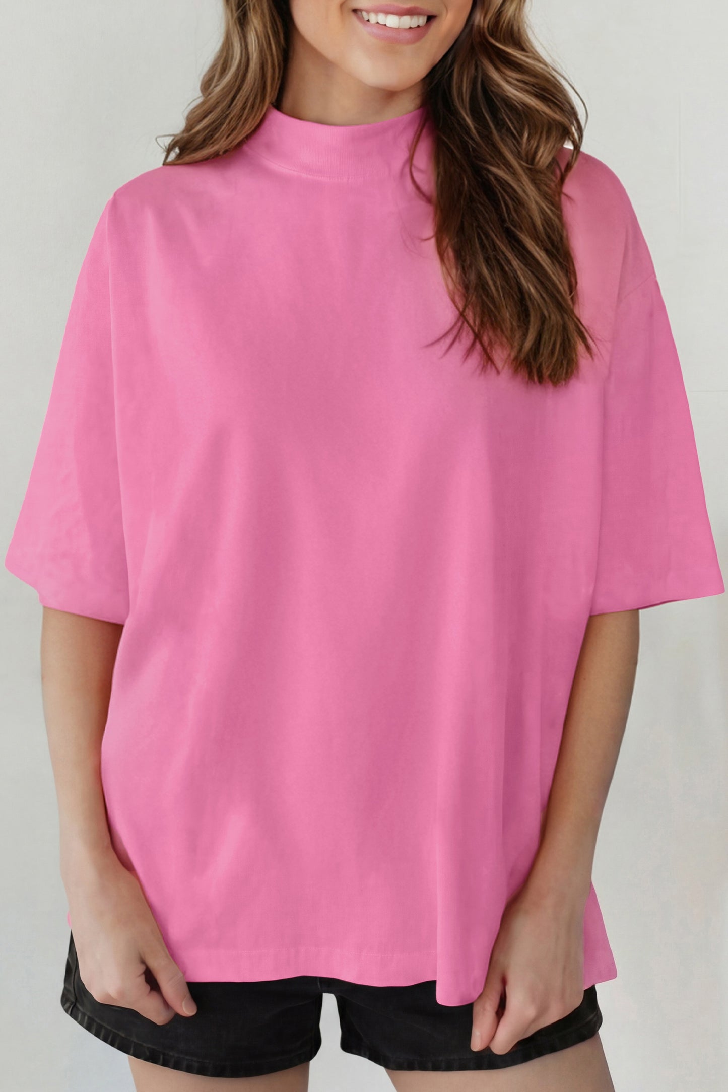 Dark Blue Oversized Mock Neck Tee Casual Relaxed Top
