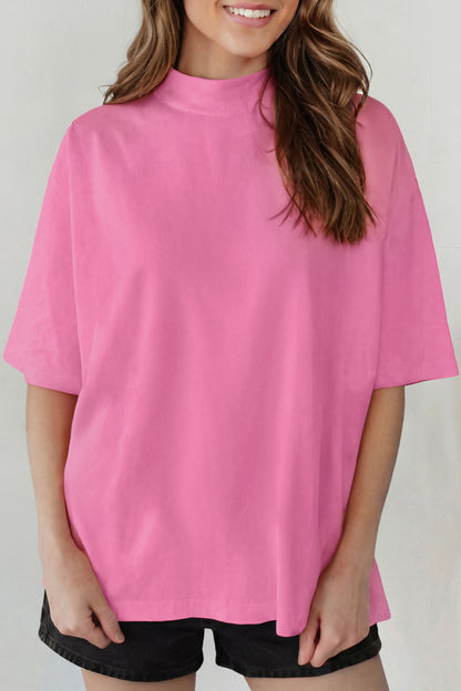Dark Blue Oversized Mock Neck Tee Casual Relaxed Top